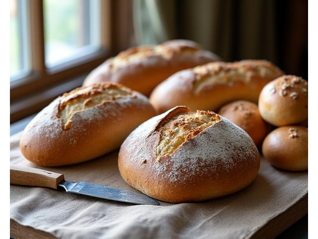 장인의 손길로 만든 다양한 종류의 통곡물 빵과 바게트