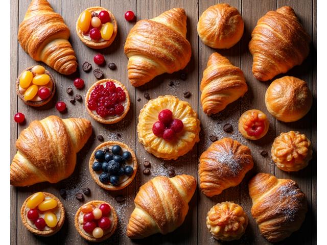 다양한 종류의 신선한 페이스트리, 크루아상, 타르트가 진열되어 있는 모습