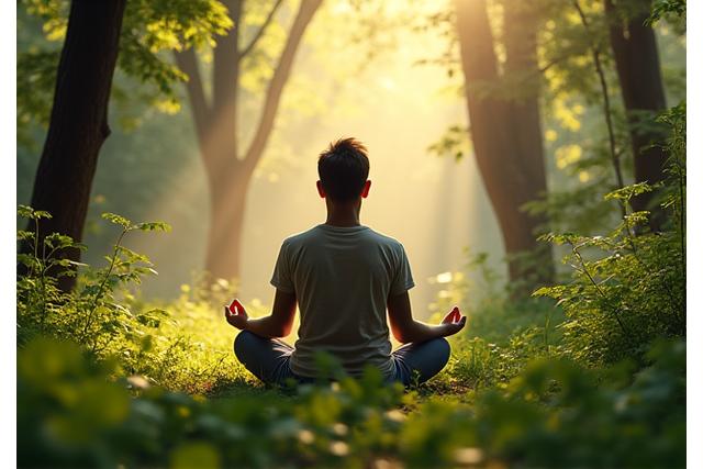 고요한 숲속에서 앉아 명상하는 사람